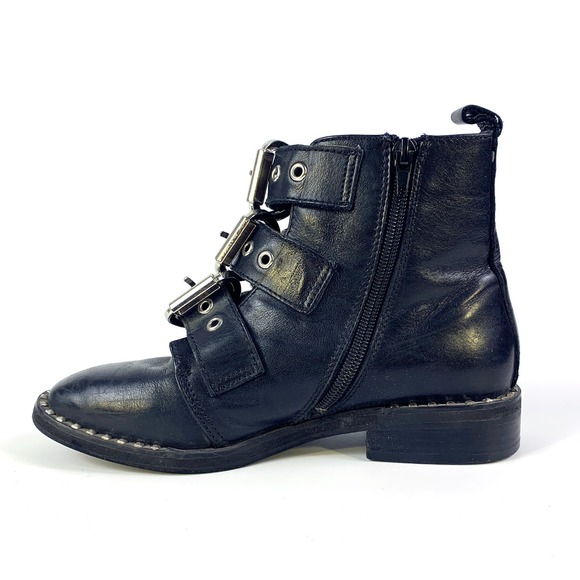Steve Madden Recharge Leather Boots Womens Sz 6 Black Buckle Moto Studded Bootie - Picture 7 of 16